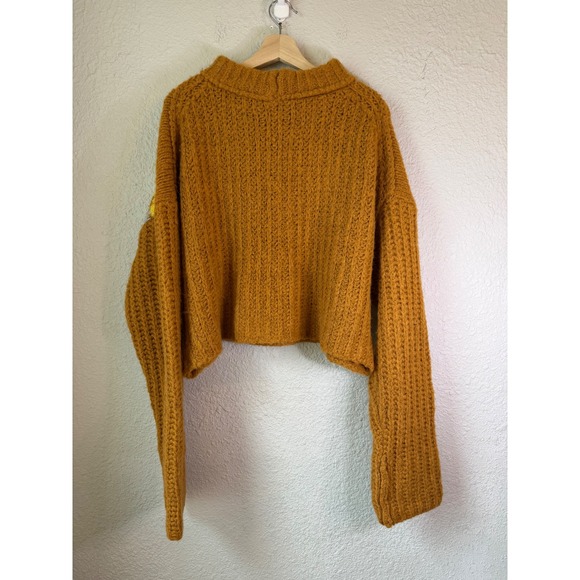 Free People Alpine Mustard Yellow Fair Isle Wool Alpaca Blend Cropped Pullover M - Picture 3 of 5